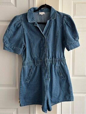 Denim Romper with Puff Sleeves